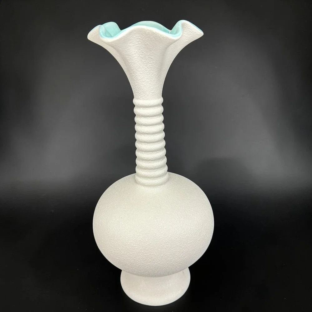 Haeger Pottery 3043 USA Vintage White Textured Turquoise Interior Ruffled Vase
